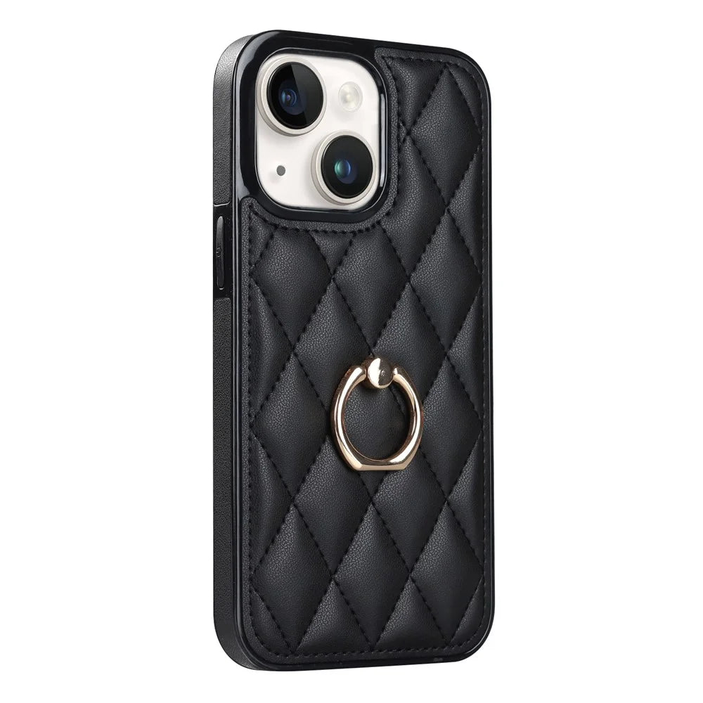 For iPhone 13 6.1 inch PU Leather+TPU Phone Case Stitching Rhombus Ring Holder Kickstand Phone Cover - Black - 1