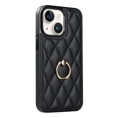 For iPhone 13 6.1 inch PU Leather+TPU Phone Case Stitching Rhombus Ring Holder Kickstand Phone Cover - Black - 1