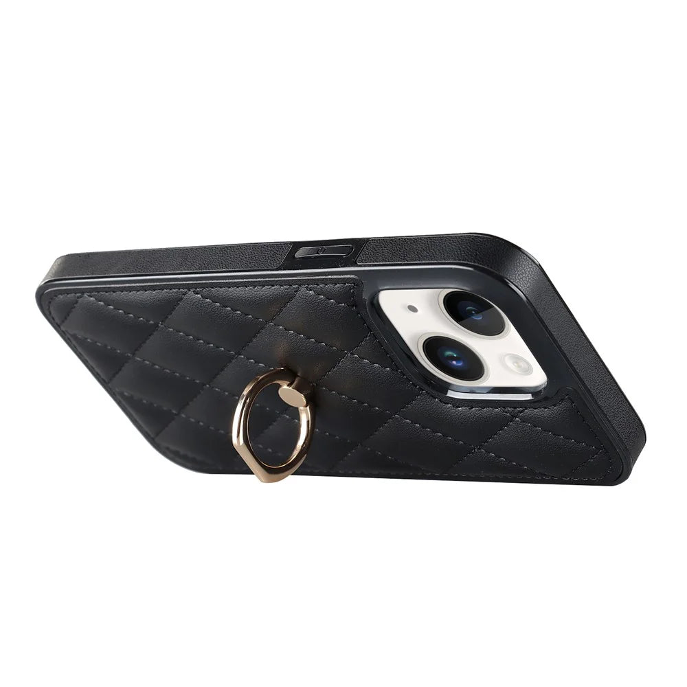 For iPhone 13 6.1 inch PU Leather+TPU Phone Case Stitching Rhombus Ring Holder Kickstand Phone Cover - Black - 2