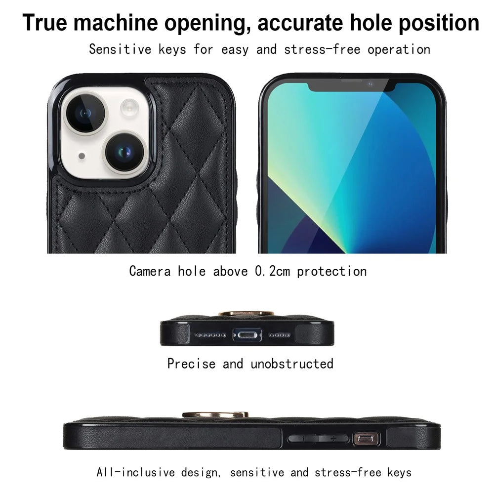 For iPhone 13 6.1 inch PU Leather+TPU Phone Case Stitching Rhombus Ring Holder Kickstand Phone Cover - Black - 3
