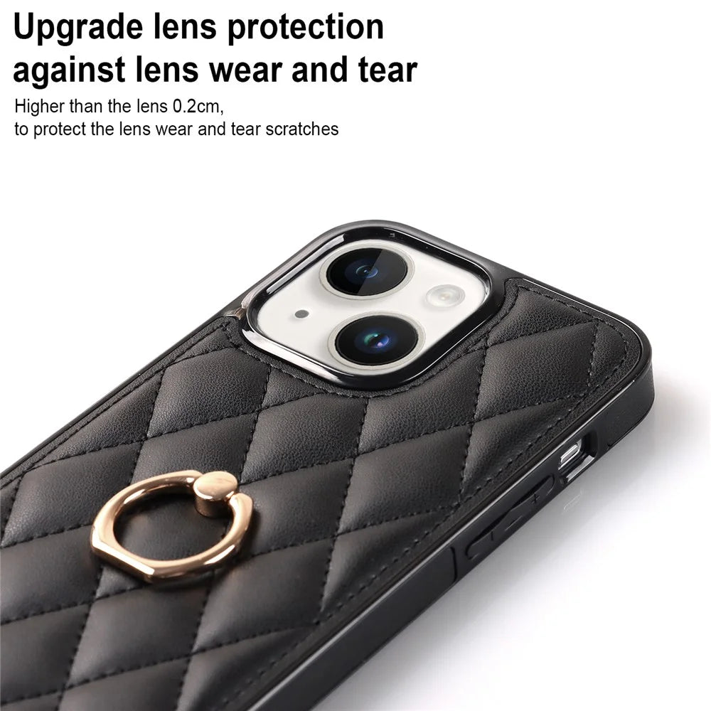 For iPhone 13 6.1 inch PU Leather+TPU Phone Case Stitching Rhombus Ring Holder Kickstand Phone Cover - Black - 4