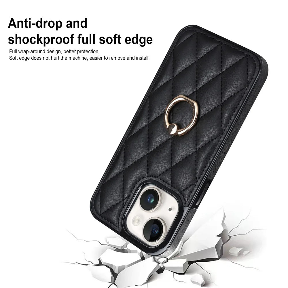 For iPhone 13 6.1 inch PU Leather+TPU Phone Case Stitching Rhombus Ring Holder Kickstand Phone Cover - Black - 5