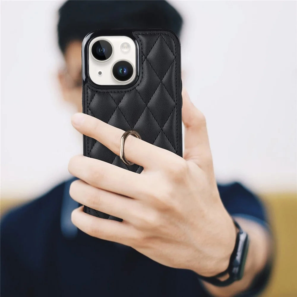 For iPhone 13 6.1 inch PU Leather+TPU Phone Case Stitching Rhombus Ring Holder Kickstand Phone Cover - Black - 7