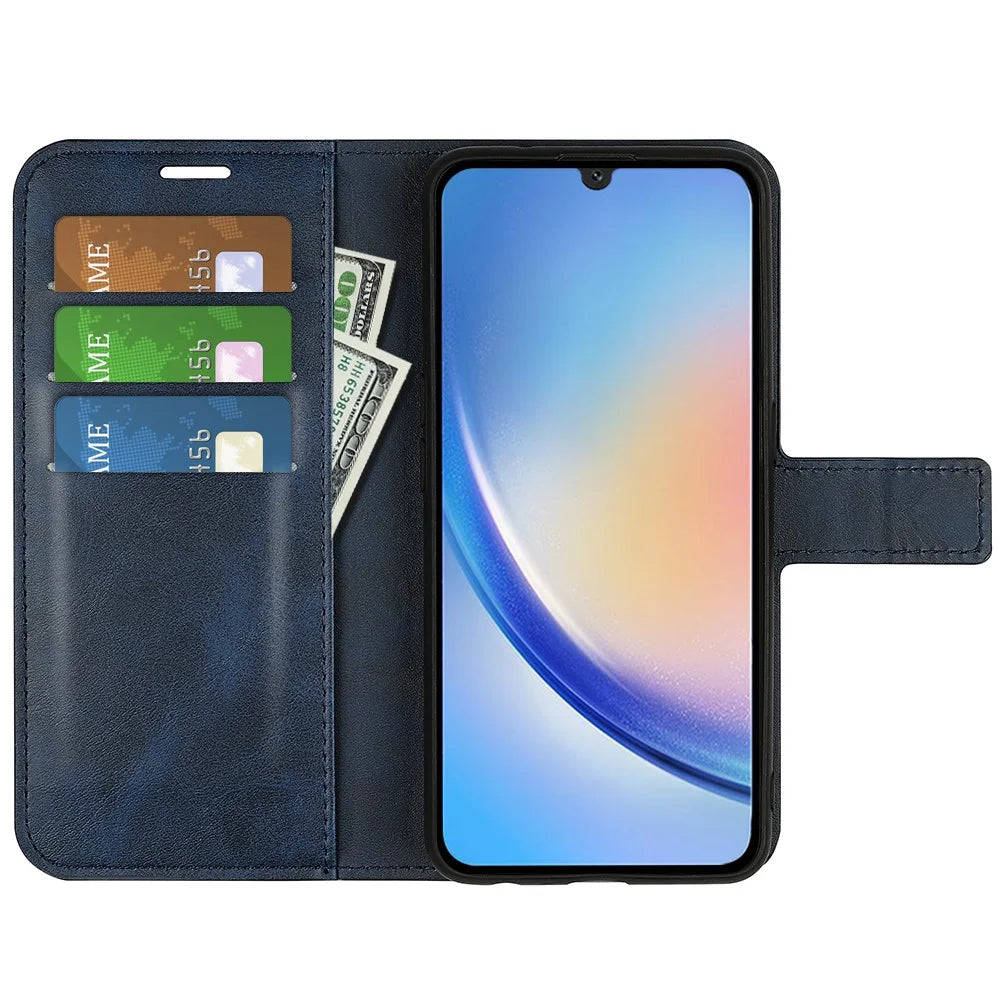 For Samsung Galaxy A24 4G (162.1 x 77.6 x 8.3mm) Leather Wallet Mobile Case Calf Texture Square Clasp Flip Stand Cover - Blue - 2
