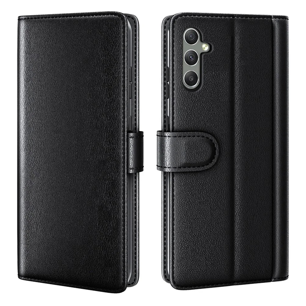 For Samsung Galaxy A24 4G (162.1 x 77.6 x 8.3mm) Flip Stand Drop-proof Cover Genuine Cow Leather Phone Wallet Case - Black - 1