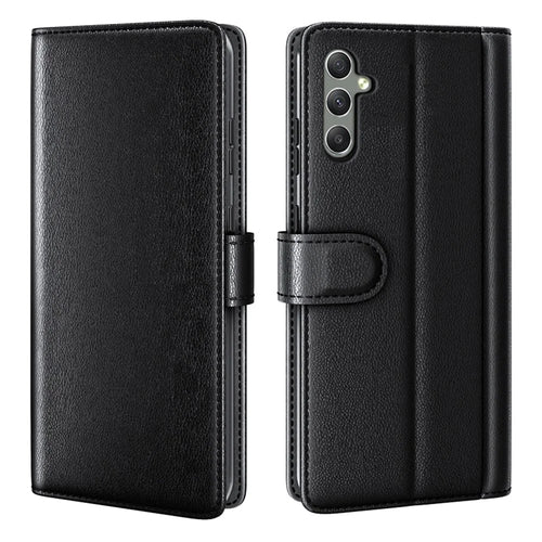For Samsung Galaxy A24 4G (162.1 x 77.6 x 8.3mm) Flip Stand Drop-proof Cover Genuine Cow Leather Phone Wallet Case - Black - 1
