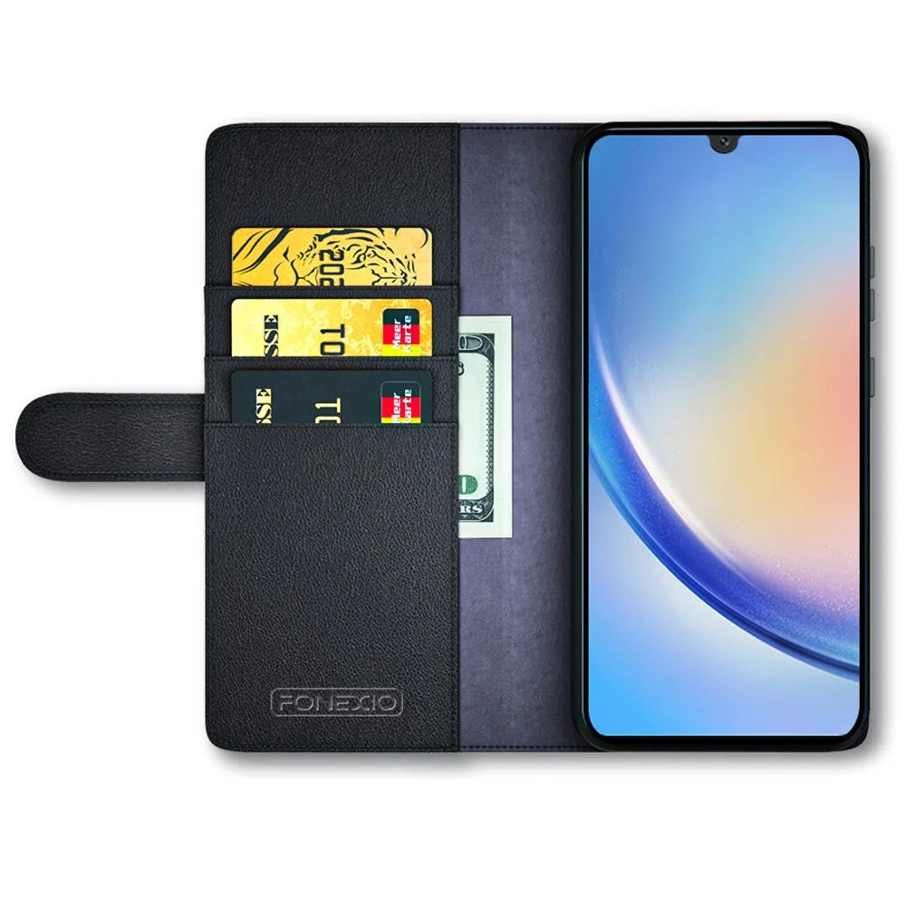 For Samsung Galaxy A24 4G (162.1 x 77.6 x 8.3mm) Flip Stand Drop-proof Cover Genuine Cow Leather Phone Wallet Case - Black - 2
