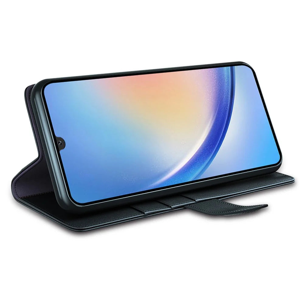 For Samsung Galaxy A24 4G (162.1 x 77.6 x 8.3mm) Flip Stand Drop-proof Cover Genuine Cow Leather Phone Wallet Case - Black - 3