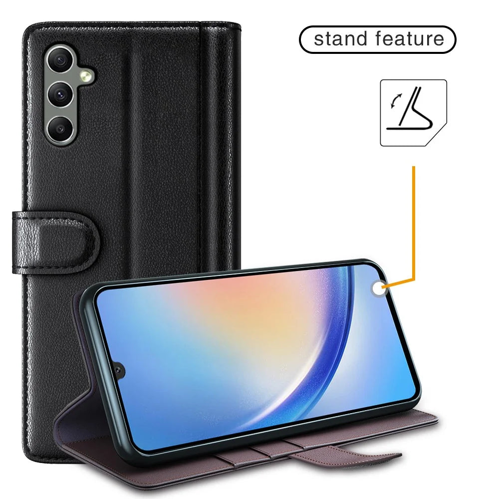 For Samsung Galaxy A24 4G (162.1 x 77.6 x 8.3mm) Flip Stand Drop-proof Cover Genuine Cow Leather Phone Wallet Case - Black - 5