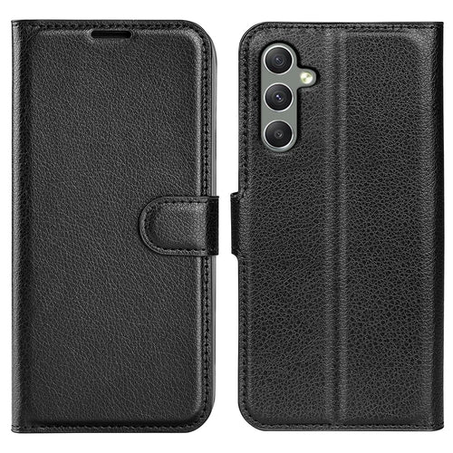 For Samsung Galaxy A24 4G (162.1 x 77.6 x 8.3mm) PU Leather Wallet Shell Litchi Texture Phone Case Flip Stand Cover - Black - 1