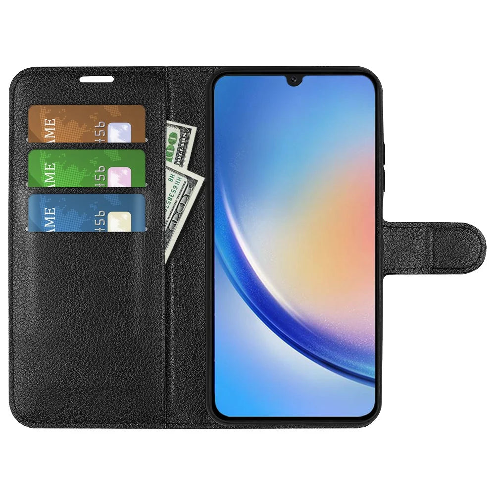 For Samsung Galaxy A24 4G (162.1 x 77.6 x 8.3mm) PU Leather Wallet Shell Litchi Texture Phone Case Flip Stand Cover - Black - 2