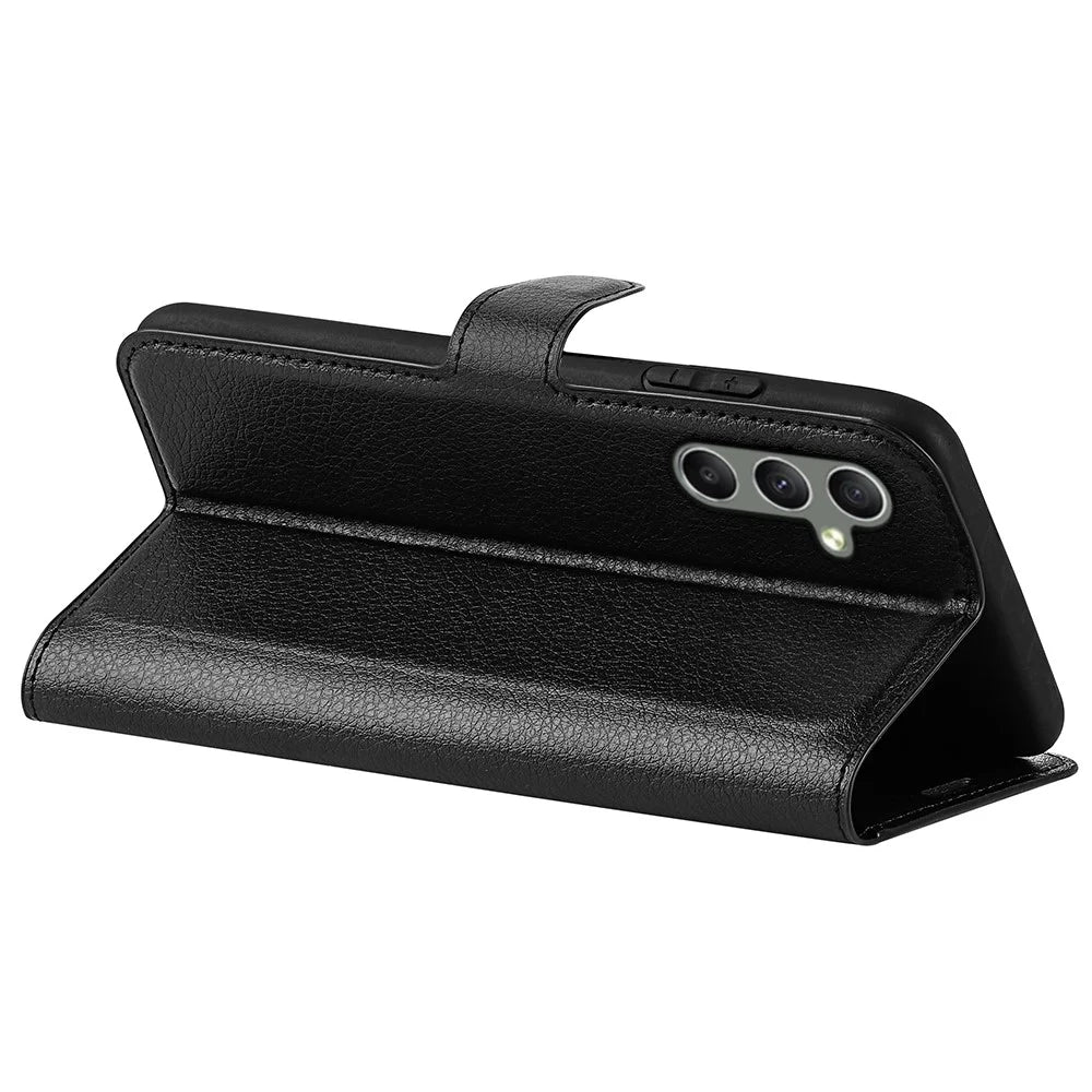 For Samsung Galaxy A24 4G (162.1 x 77.6 x 8.3mm) PU Leather Wallet Shell Litchi Texture Phone Case Flip Stand Cover - Black - 4