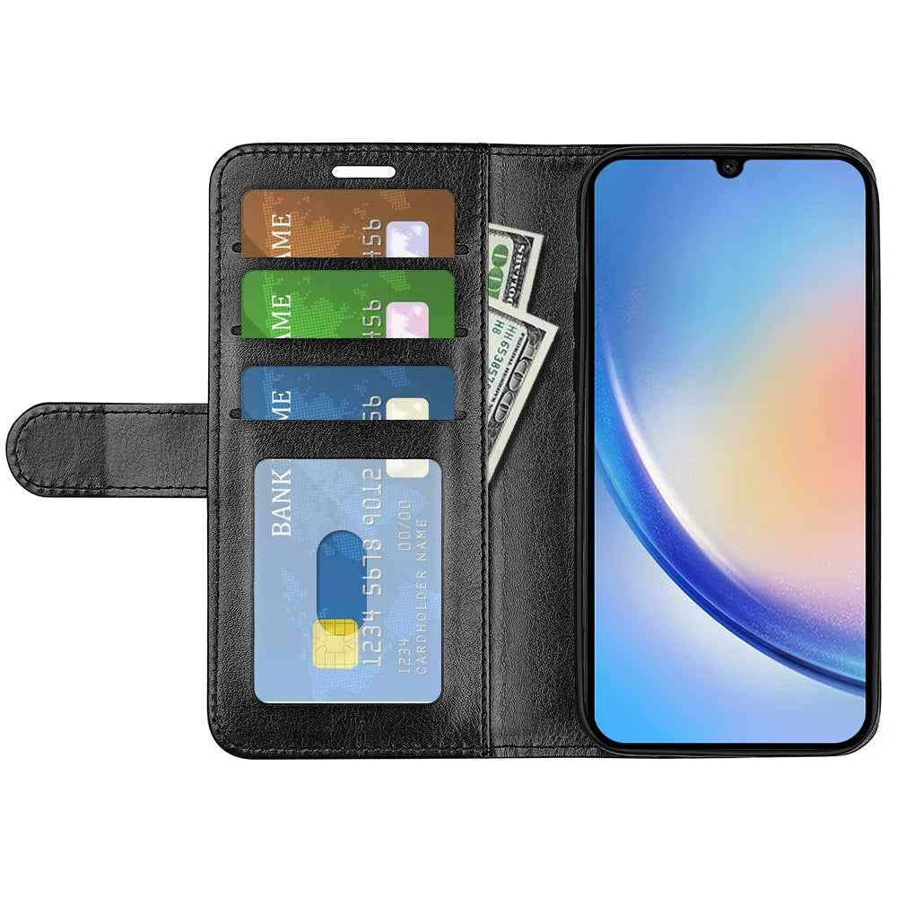 For Samsung Galaxy A24 4G (162.1 x 77.6 x 8.3mm) PU Leather Wallet Flip Cover Crazy Horse Texture Stand Phone Case - Black - 2