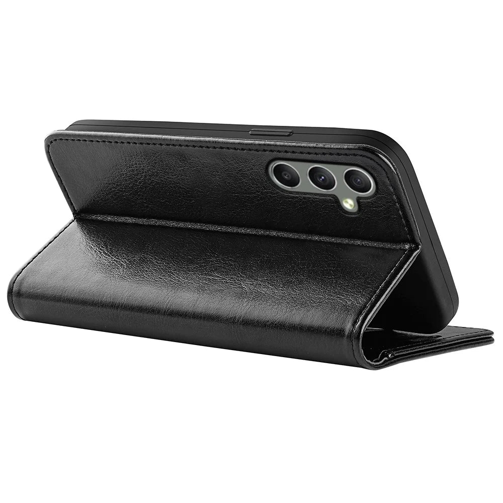 For Samsung Galaxy A24 4G (162.1 x 77.6 x 8.3mm) PU Leather Wallet Flip Cover Crazy Horse Texture Stand Phone Case - Black - 4