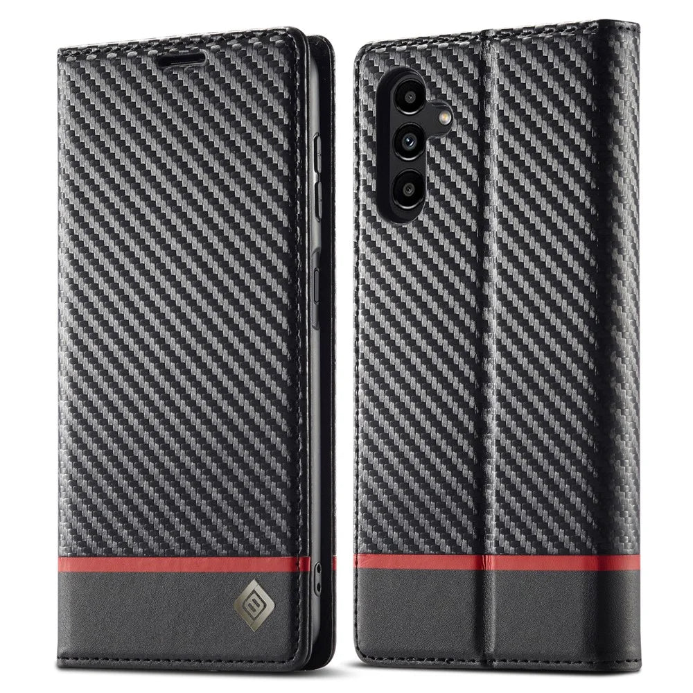 LC.IMEEKE For Samsung Galaxy A24 4G (162.1 x 77.6 x 8.3mm) Wallet Stand Phone Case Carbon Fiber Texture PU Leather Cover - Horizontal Stripe - 1