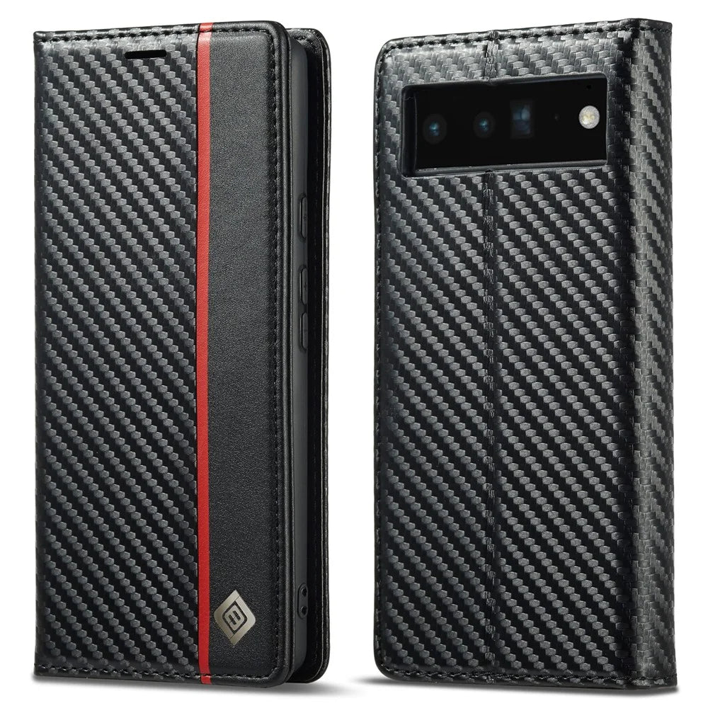 LC.IMEEKE For Google Pixel 7a PU Leather Wallet Phone Case Carbon Fiber Texture Stand Cover - Vertical Stripe - 1