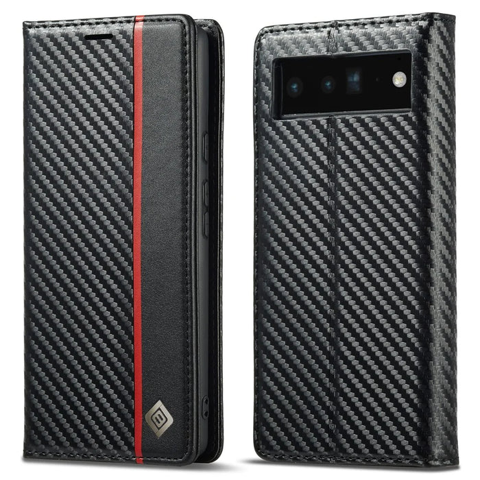 LC.IMEEKE For Google Pixel 7a PU Leather Wallet Phone Case Carbon Fiber Texture Stand Cover - Vertical Stripe - 1