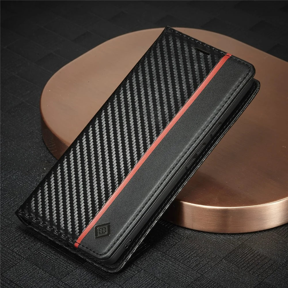 LC.IMEEKE For Google Pixel 7a PU Leather Wallet Phone Case Carbon Fiber Texture Stand Cover - Vertical Stripe - 6