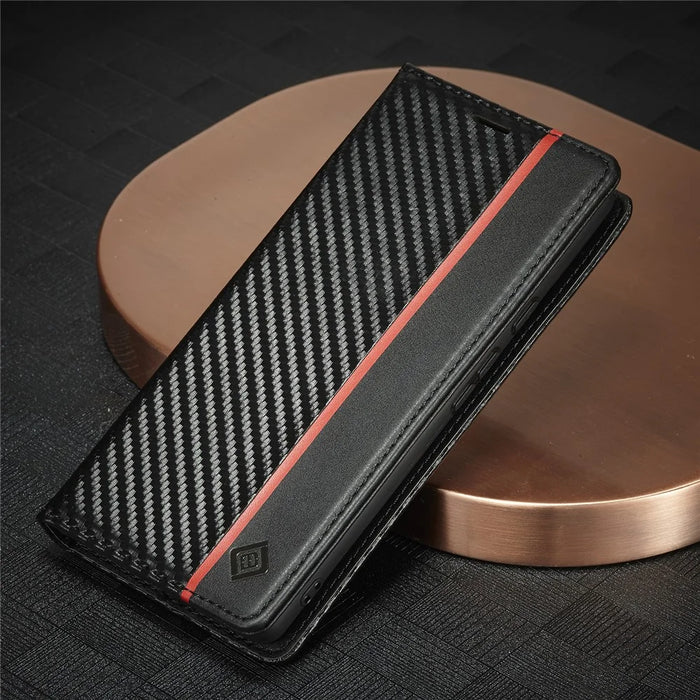 LC.IMEEKE For Google Pixel 7a PU Leather Wallet Phone Case Carbon Fiber Texture Stand Cover - Vertical Stripe - 6