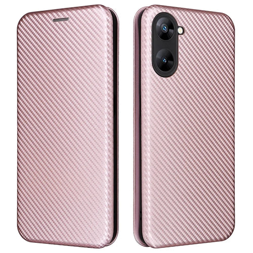 For Realme V30t / V30 5G Carbon Fiber Texture Phone Case Card Slot  PU Leather Stand Phone Cover - Rose Gold - 1