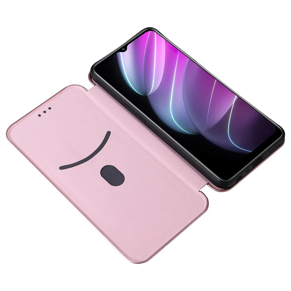 For Realme V30t / V30 5G Carbon Fiber Texture Phone Case Card Slot  PU Leather Stand Phone Cover - Rose Gold - 2