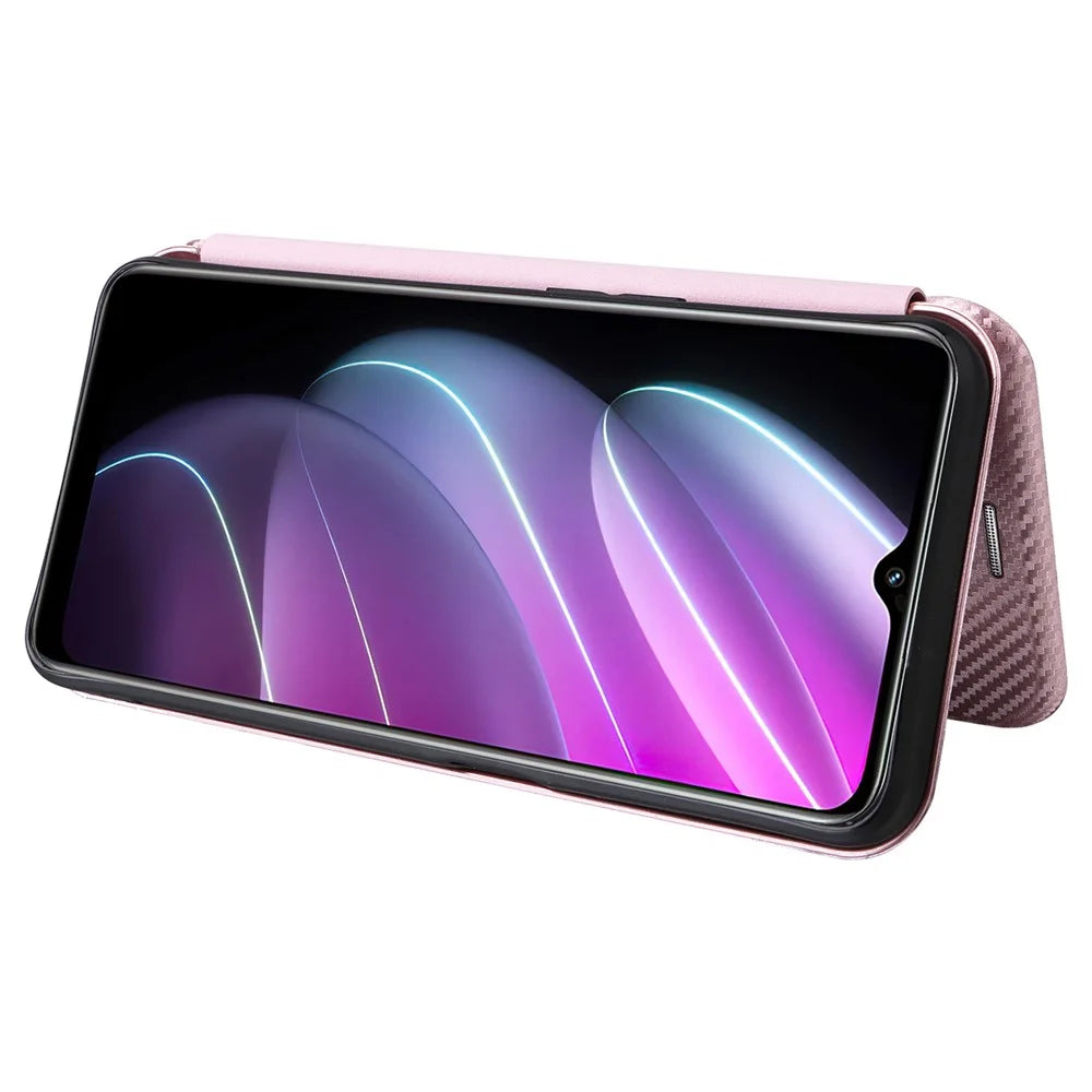 For Realme V30t / V30 5G Carbon Fiber Texture Phone Case Card Slot  PU Leather Stand Phone Cover - Rose Gold - 3
