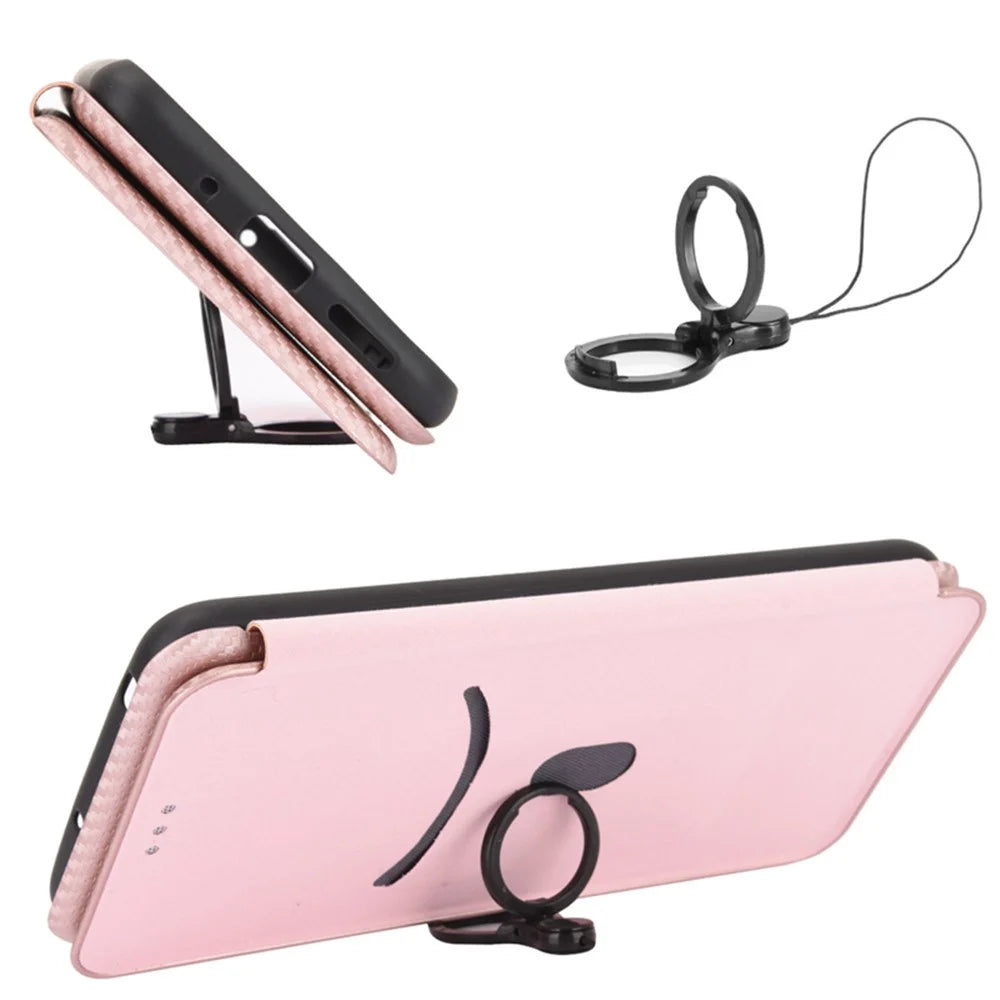 For Realme V30t / V30 5G Carbon Fiber Texture Phone Case Card Slot  PU Leather Stand Phone Cover - Rose Gold - 4