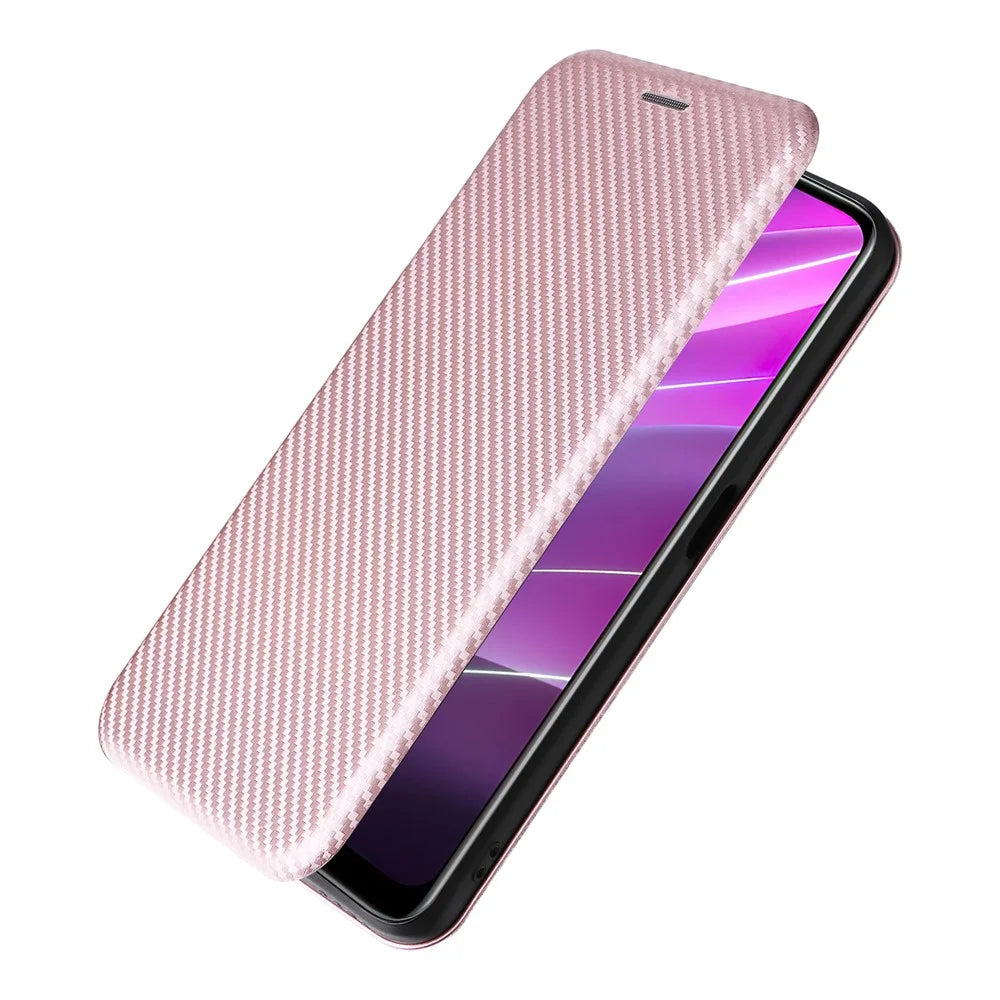 For Realme V30t / V30 5G Carbon Fiber Texture Phone Case Card Slot  PU Leather Stand Phone Cover - Rose Gold - 5