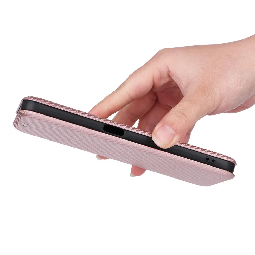 For Realme V30t / V30 5G Carbon Fiber Texture Phone Case Card Slot  PU Leather Stand Phone Cover - Rose Gold - 6