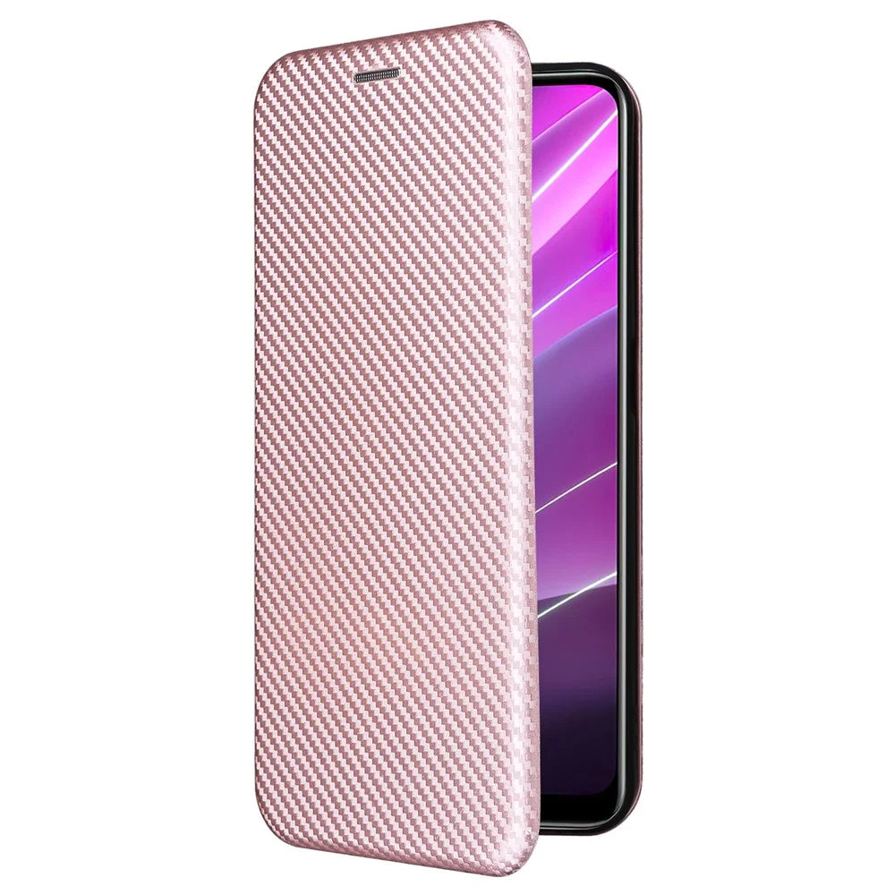 For Realme V30t / V30 5G Carbon Fiber Texture Phone Case Card Slot  PU Leather Stand Phone Cover - Rose Gold - 7