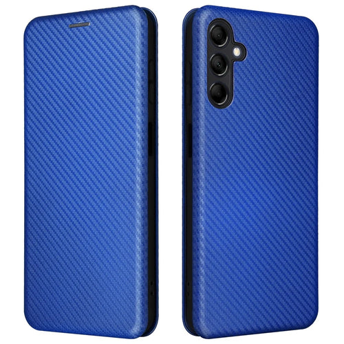 For Samsung Galaxy M14 5G Phone Cover TPU+PU Leather Stand Carbon Fiber Texture Phone Case with Card Slot - Blue - 1