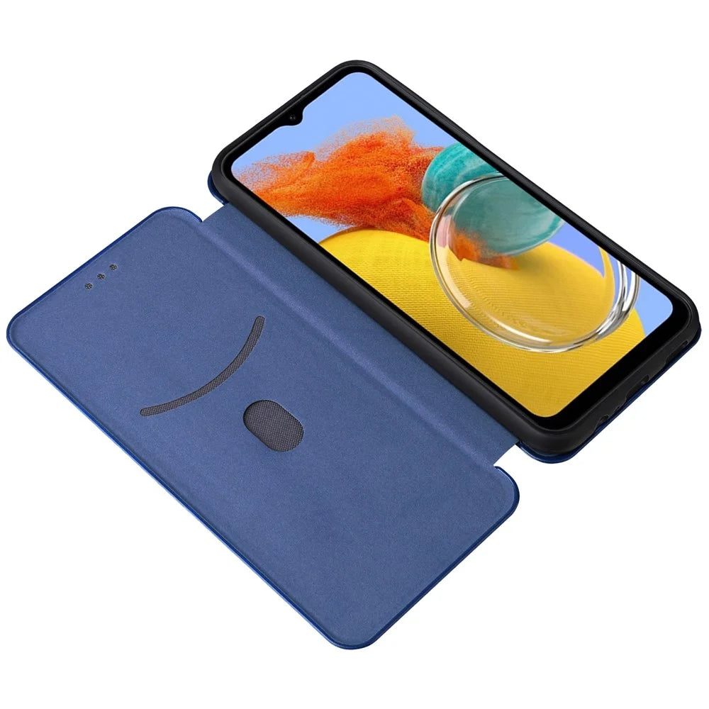 For Samsung Galaxy M14 5G Phone Cover TPU+PU Leather Stand Carbon Fiber Texture Phone Case with Card Slot - Blue - 2