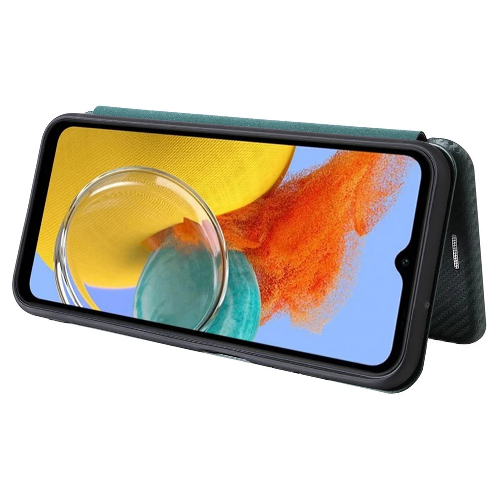 For Samsung Galaxy M14 5G Phone Cover TPU+PU Leather Stand Carbon Fiber Texture Phone Case with Card Slot - Blue - 3