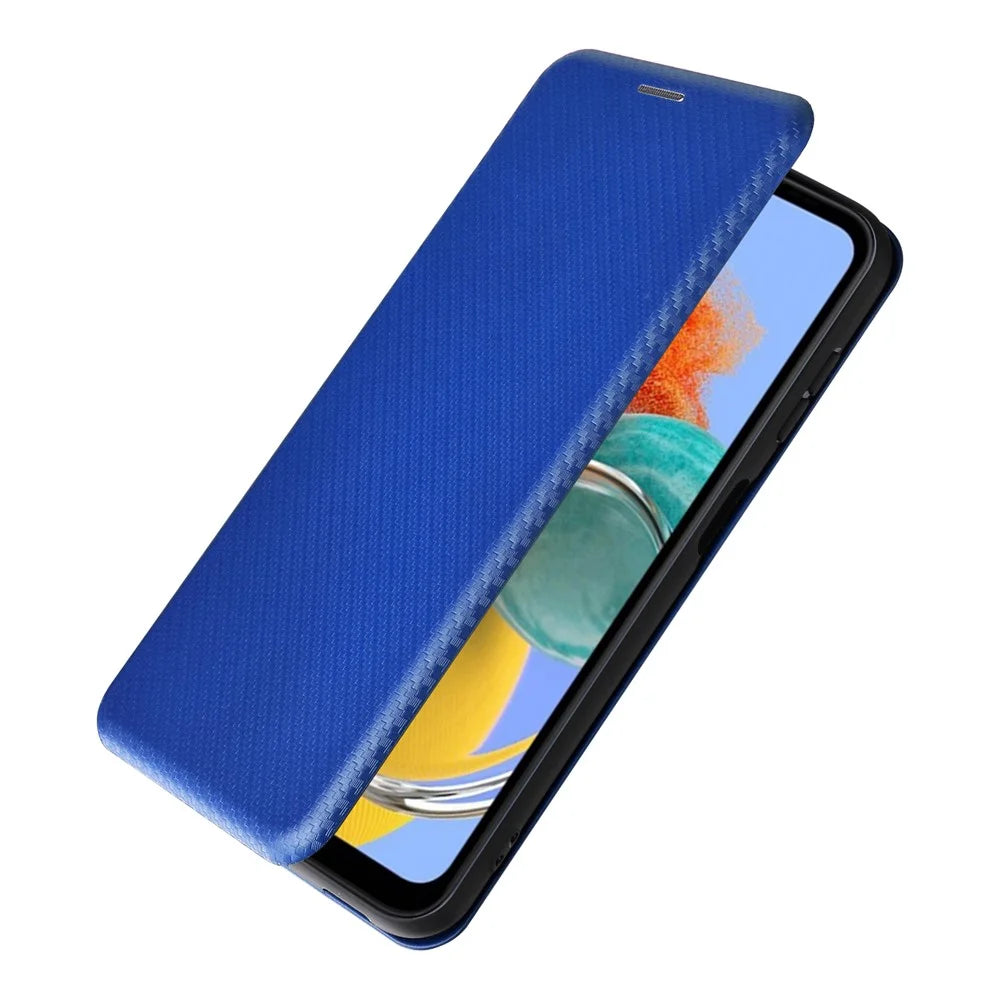 For Samsung Galaxy M14 5G Phone Cover TPU+PU Leather Stand Carbon Fiber Texture Phone Case with Card Slot - Blue - 5