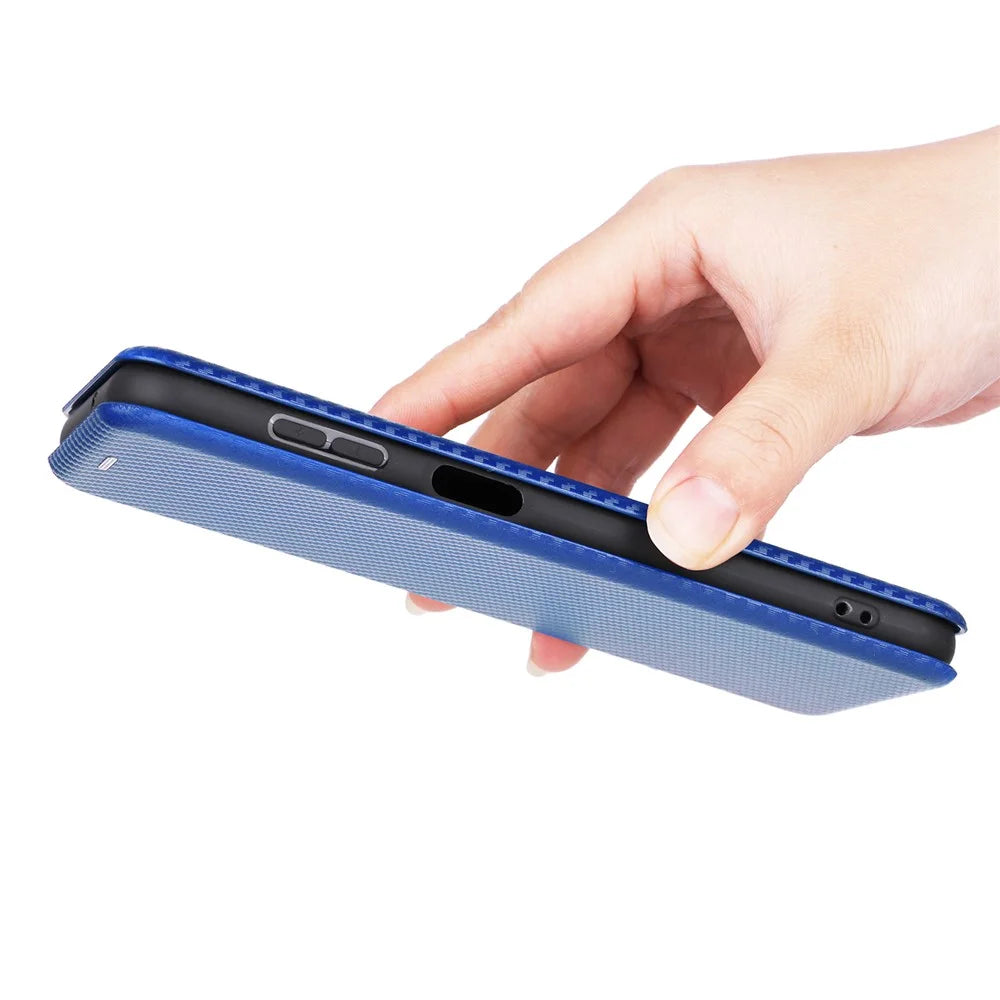 For Samsung Galaxy M14 5G Phone Cover TPU+PU Leather Stand Carbon Fiber Texture Phone Case with Card Slot - Blue - 6