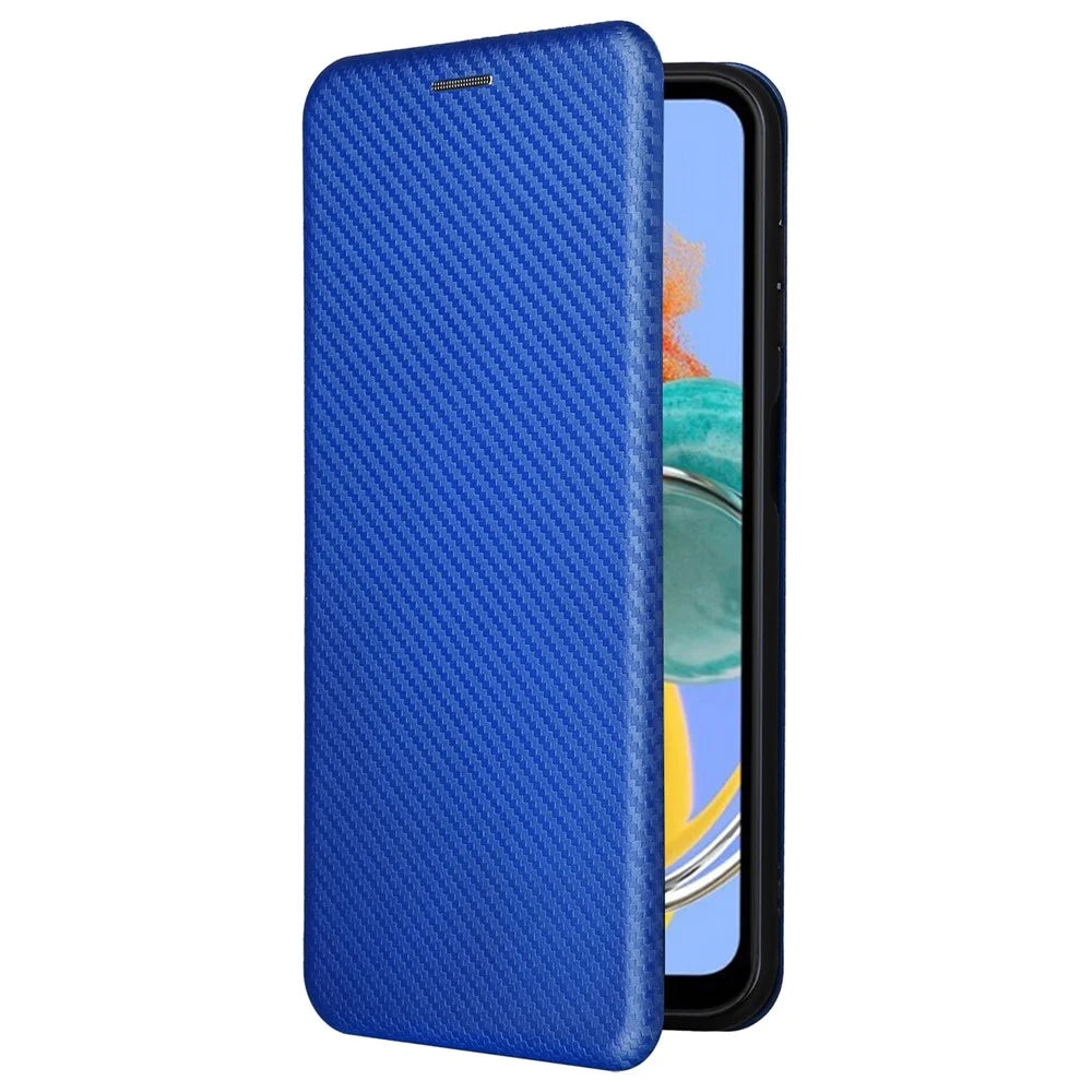 For Samsung Galaxy M14 5G Phone Cover TPU+PU Leather Stand Carbon Fiber Texture Phone Case with Card Slot - Blue - 7