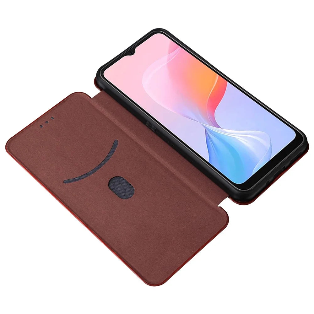 For Blackview A85 Carbon Fiber Texture Phone Case Leather Flip Stand Cover with Card Holder, Kickstand - Brown - 2