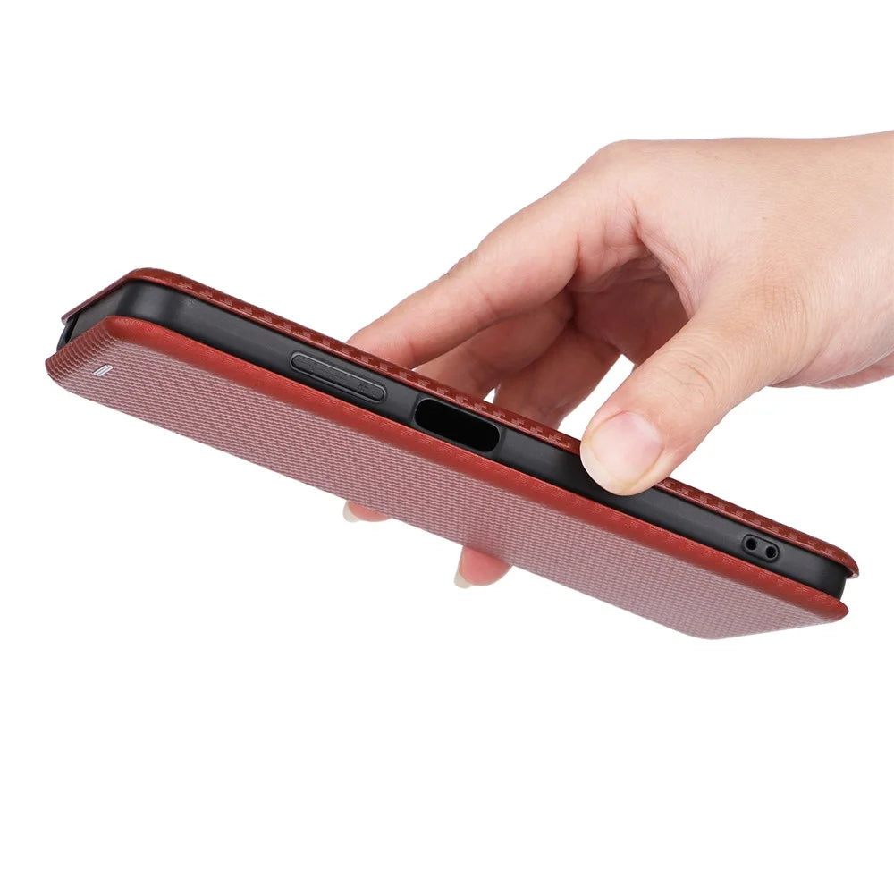 For Blackview A85 Carbon Fiber Texture Phone Case Leather Flip Stand Cover with Card Holder, Kickstand - Brown - 5