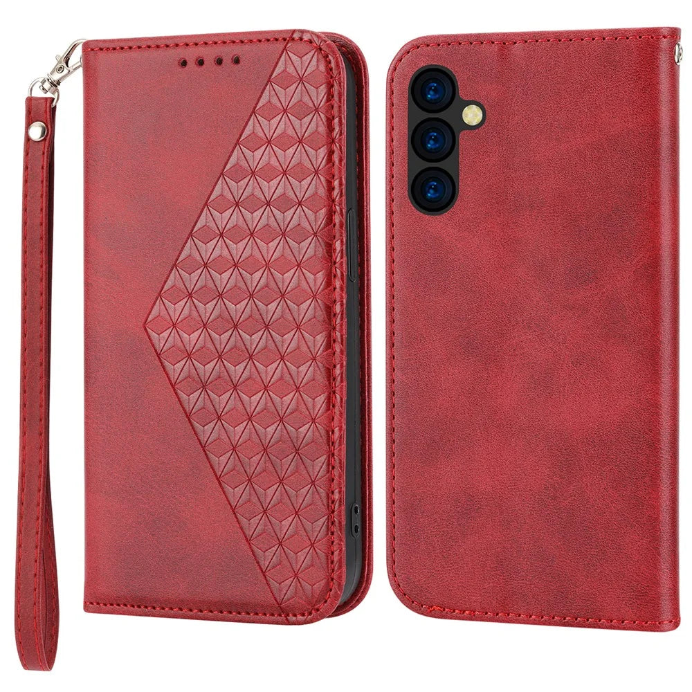Phone Case for Samsung Galaxy A24 4G (162.1 x 77.6 x 8.3mm) , Imprinted Rhombus Pattern Wallet Calf Texture PU Leather Stand Phone Cover - Red - 1