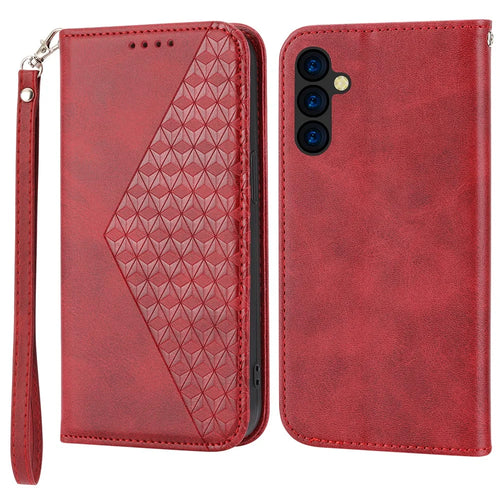 Phone Case for Samsung Galaxy A24 4G (162.1 x 77.6 x 8.3mm) , Imprinted Rhombus Pattern Wallet Calf Texture PU Leather Stand Phone Cover - Red - 1