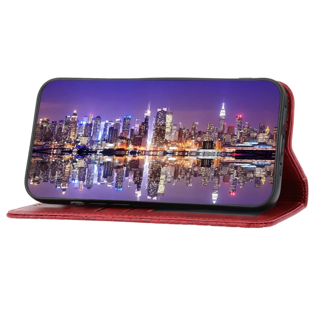 Phone Case for Samsung Galaxy A24 4G (162.1 x 77.6 x 8.3mm) , Imprinted Rhombus Pattern Wallet Calf Texture PU Leather Stand Phone Cover - Red - 3
