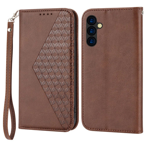 For Samsung Galaxy M14 5G Imprinted Rhombus Pattern Phone Shell Calf Texture PU Leather Stand Phone Case - Brown - 1