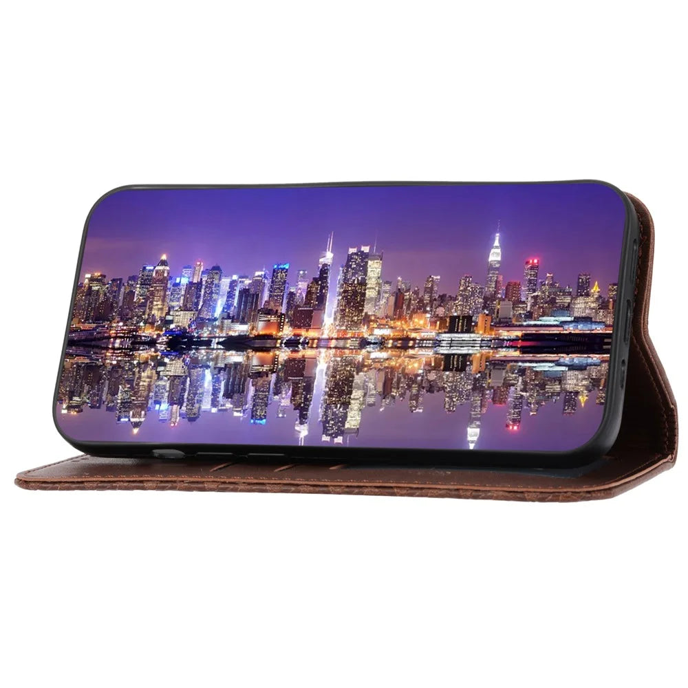For Samsung Galaxy M14 5G Imprinted Rhombus Pattern Phone Shell Calf Texture PU Leather Stand Phone Case - Brown - 3
