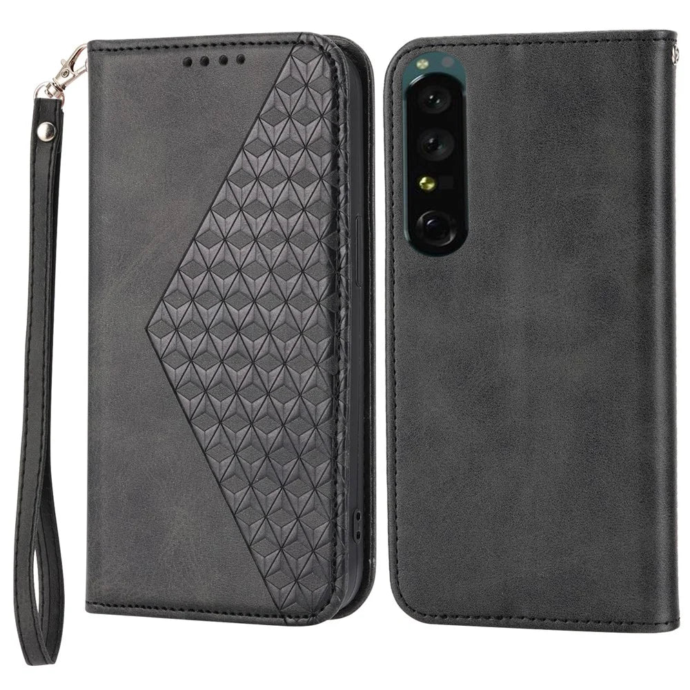 Calf Texture Phone Case for Sony Xperia 1 V , Imprinted Rhombus Pattern PU Leather Stand Phone Cover - Black - 1
