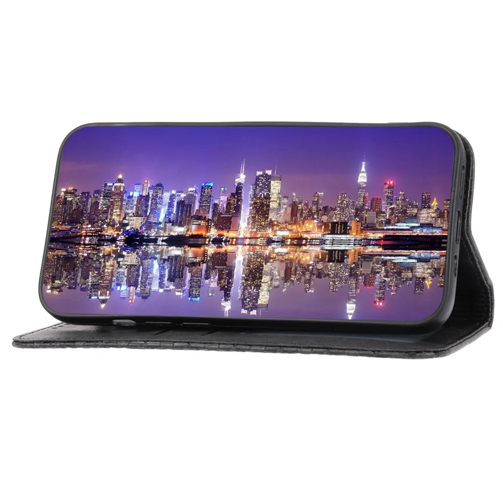 Calf Texture Phone Case for Sony Xperia 1 V , Imprinted Rhombus Pattern PU Leather Stand Phone Cover - Black - 3