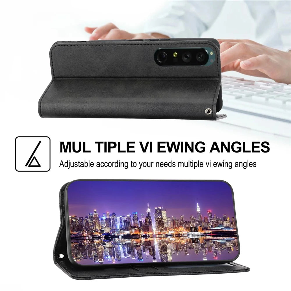 Calf Texture Phone Case for Sony Xperia 1 V , Imprinted Rhombus Pattern PU Leather Stand Phone Cover - Black - 4