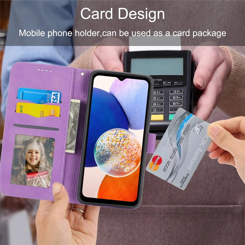 DIERFENG DF-03 For Samsung Galaxy A24 4G (162.1 x 77.6 x 8.3mm) Leather Phone Case Lines Imprinted Phone Cover with Wallet Stand - Purple - 6