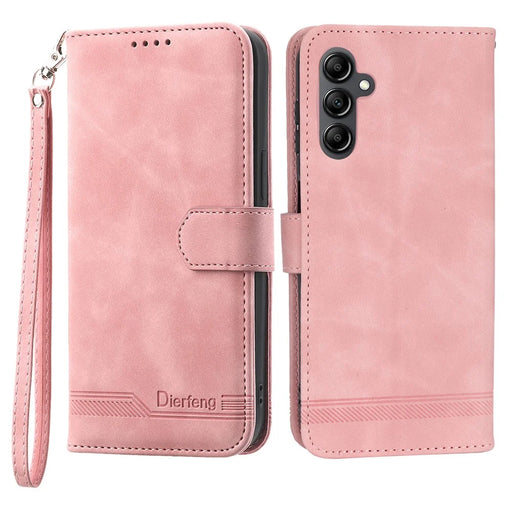 DIERFENG DF-03 For Samsung Galaxy M14 5G Wallet Phone Case Lines Imprinted Leather Flip Cover with Stand - Pink - 1