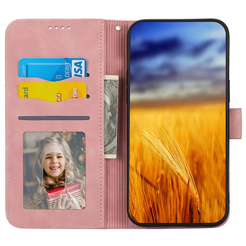 DIERFENG DF-03 For Samsung Galaxy M14 5G Wallet Phone Case Lines Imprinted Leather Flip Cover with Stand - Pink - 2