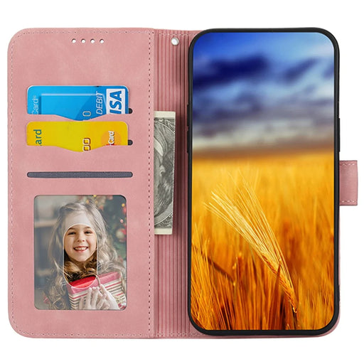 DIERFENG DF-03 For Samsung Galaxy M14 5G Wallet Phone Case Lines Imprinted Leather Flip Cover with Stand - Pink - 2